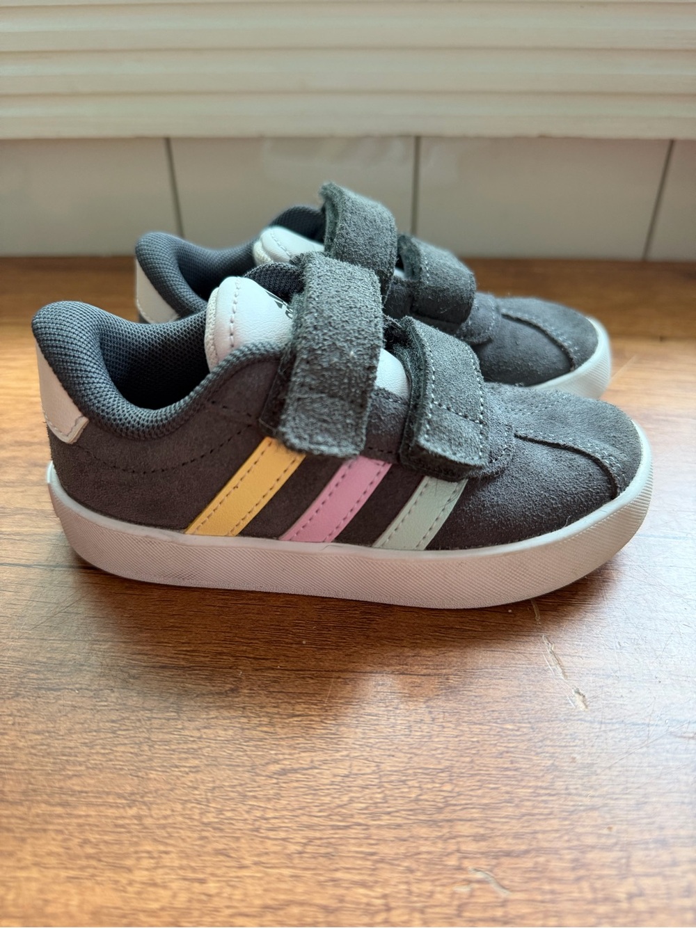 adidas Kids Gray Suede Sneakers with Yellow, Pink, Mint Stripes